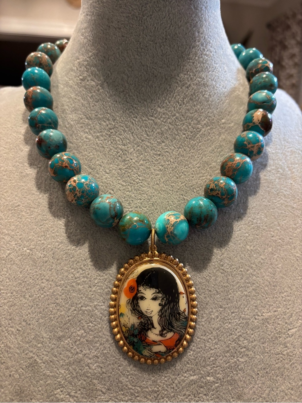 Turquoise Bead Necklace with repurposed vintage Portrait Pendant